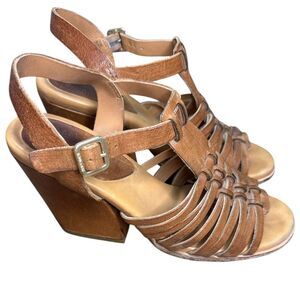 Kork-Ease Brown Leather Pepper Chunky High Heel Sandal Size: 7